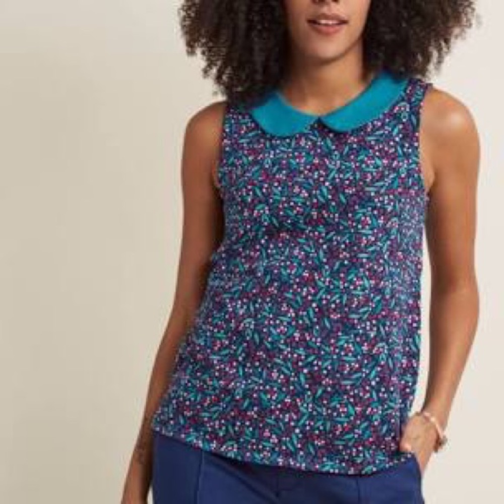 Modcloth Collared Blue Floral Printed Top SZ M